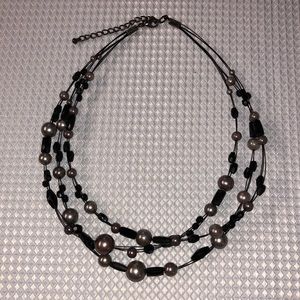 3 Layer Faux Silver Pearl & Black Poly Faceted Bead Necklace 16” + 2-1/4” Ext.